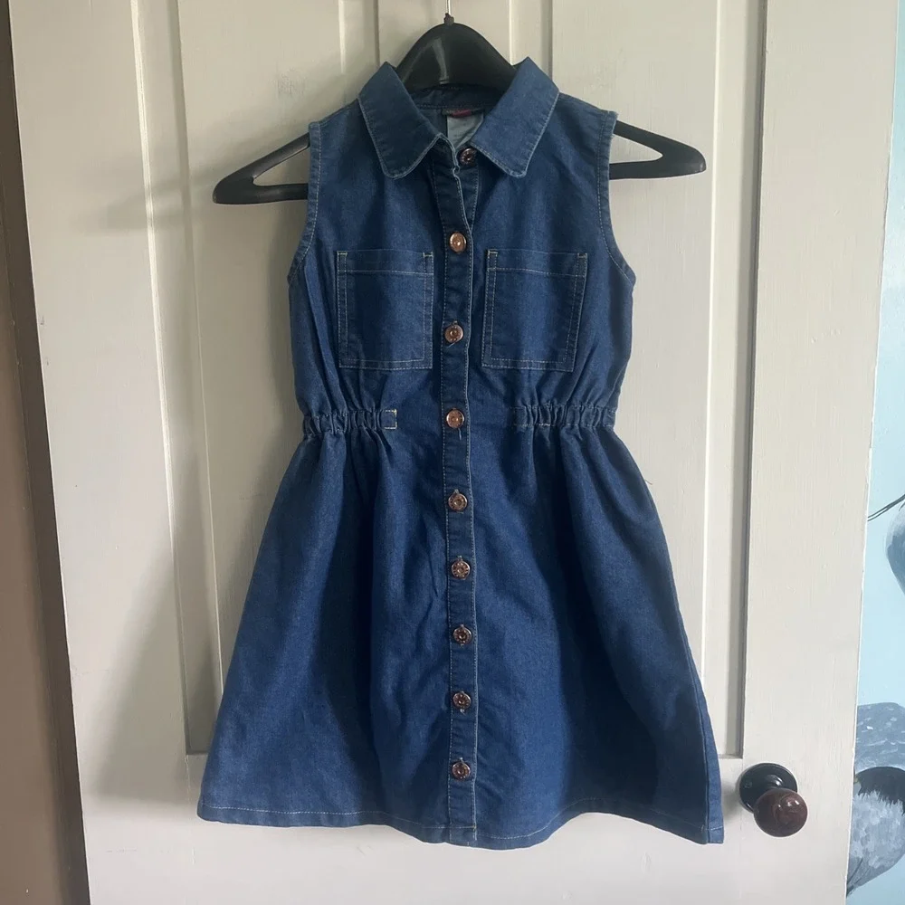 Vince Camuto Girls Sleeveless Blue Denim Shirtdress Size 8 Pockets Party